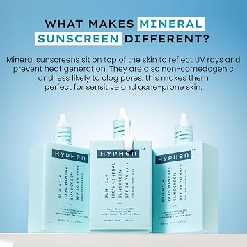 Hyphen Sun Milk 100% Mineral Sunscreen Spf 50 Pa++++ Uv+ Bluelight Protection, 25% Nano Zinc Oxide | Sensitive, Acne Prone & Oily Skin, Water Resistant Sun Protect | For Women And Men - 50 Ml