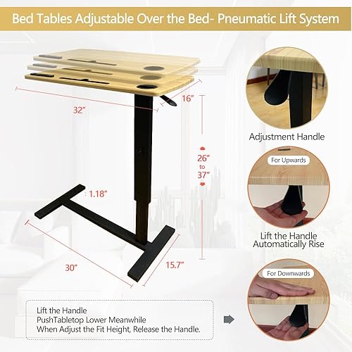 Miniatura 2 de Mesa para cama de hospital, mesas de cama neumáticas ajustables sobre la cama con ruedas ocultas y USB, mesa móvil para portátil y mesita de noche