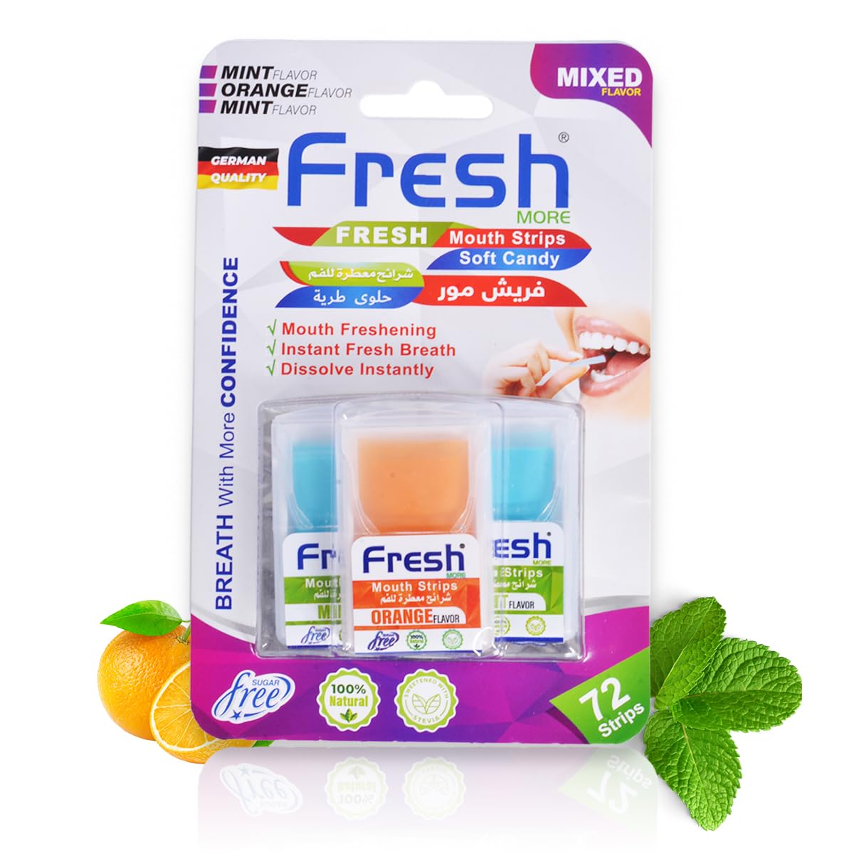 Fresh More Breath Strips for Bad Breath, Mixed Flavors 72 Strips Made in UAE Sugar-Free Mouth Freshener, All Natural, Stevia Sweetened, Pocket Size for Travel, Meetings (2 Mint, 1 Orange, 1 Pack) 1 Pack 2 Mint, 1 Orange