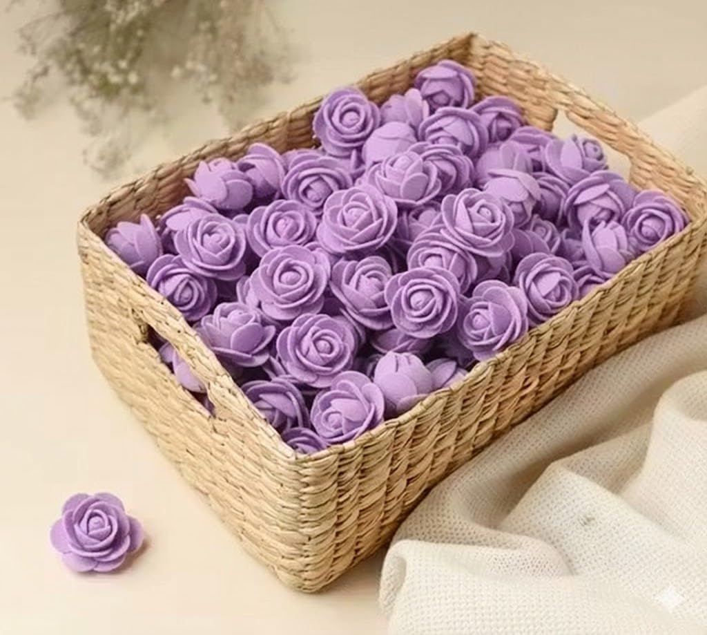 Artificial Foam Roses in Lavender Purple, 100 Pieces Decorative Flowers, Woven Basket Storage, Wedding Party Home Decor-image-48