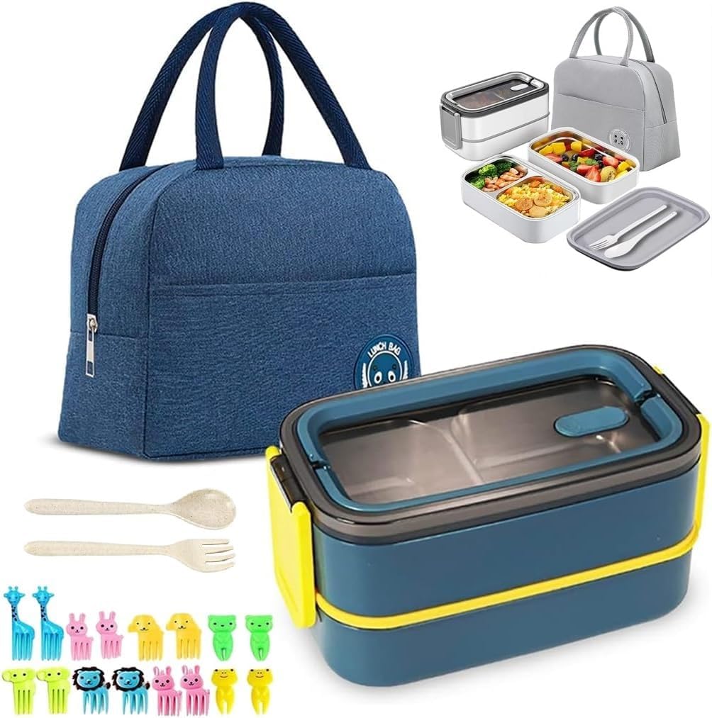 Dua Stainless Steel Lunch Box for Adults & Kids with Lunch Bag, Insulated Bento Lunch Box having 3 Compartments with Fork & Spoon, Leakproof, Microwave & Dishwasher Safe (10 Food Picks as a Gift)