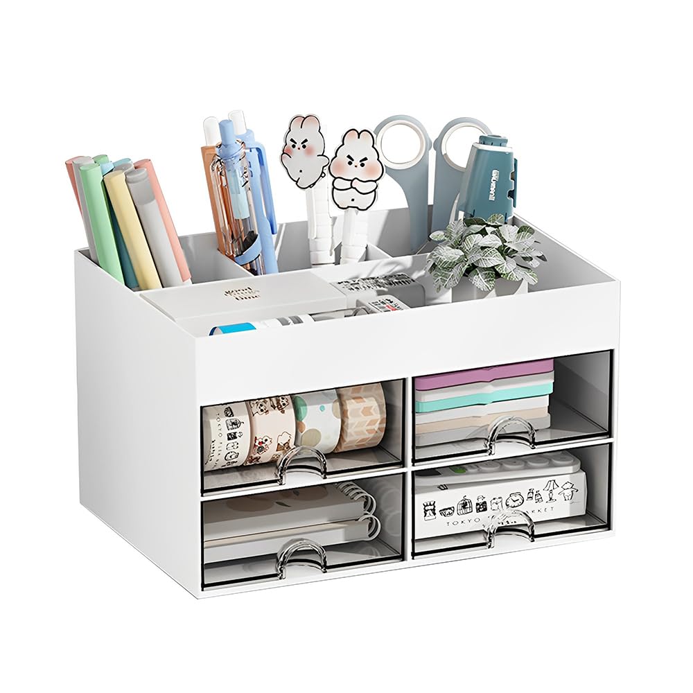 Organizador de escritorio con 4 cajones, cajones organizadores de escritorio que ahorran espacio, organizador de escritorio multifunción, organizador de escritorio ordenado (blanco)..