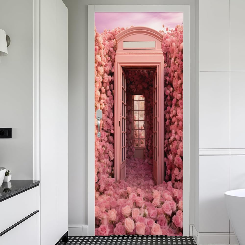 RedamanCy Pink Rose Flower Peel and Stick Vinyl 3D Door Mural Decals Modern Wallpaper Self-Adhesive, Waterproof, Removable Decor for Bedroom
