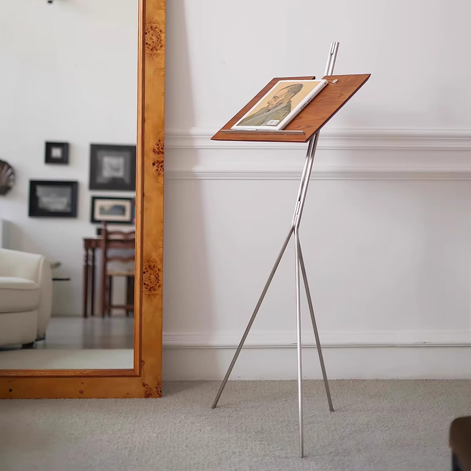 Soporte de lectura para libros, manos libres, trípode de madera plegable, 35 x 45 cm, para oficina en casa y música, altura 125 cm