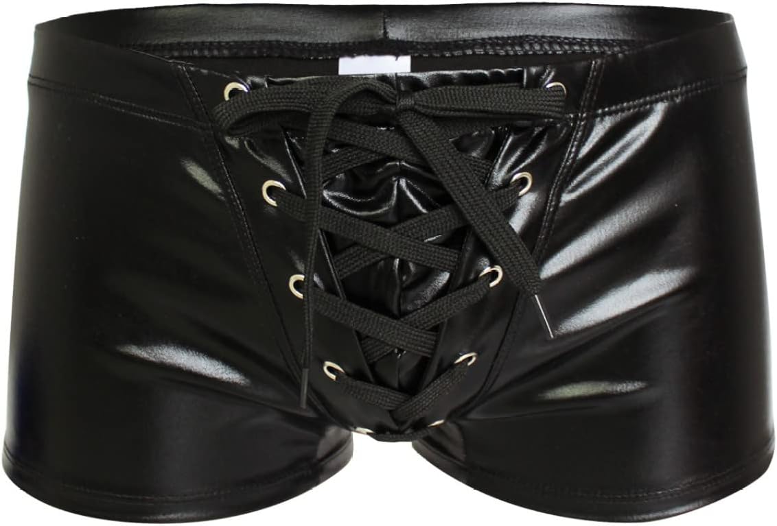 Mens Metallic Shiny Underpant Boxer Shorts Lace up Underwear Brief Bikinis Swim Trunks Black XX-Large