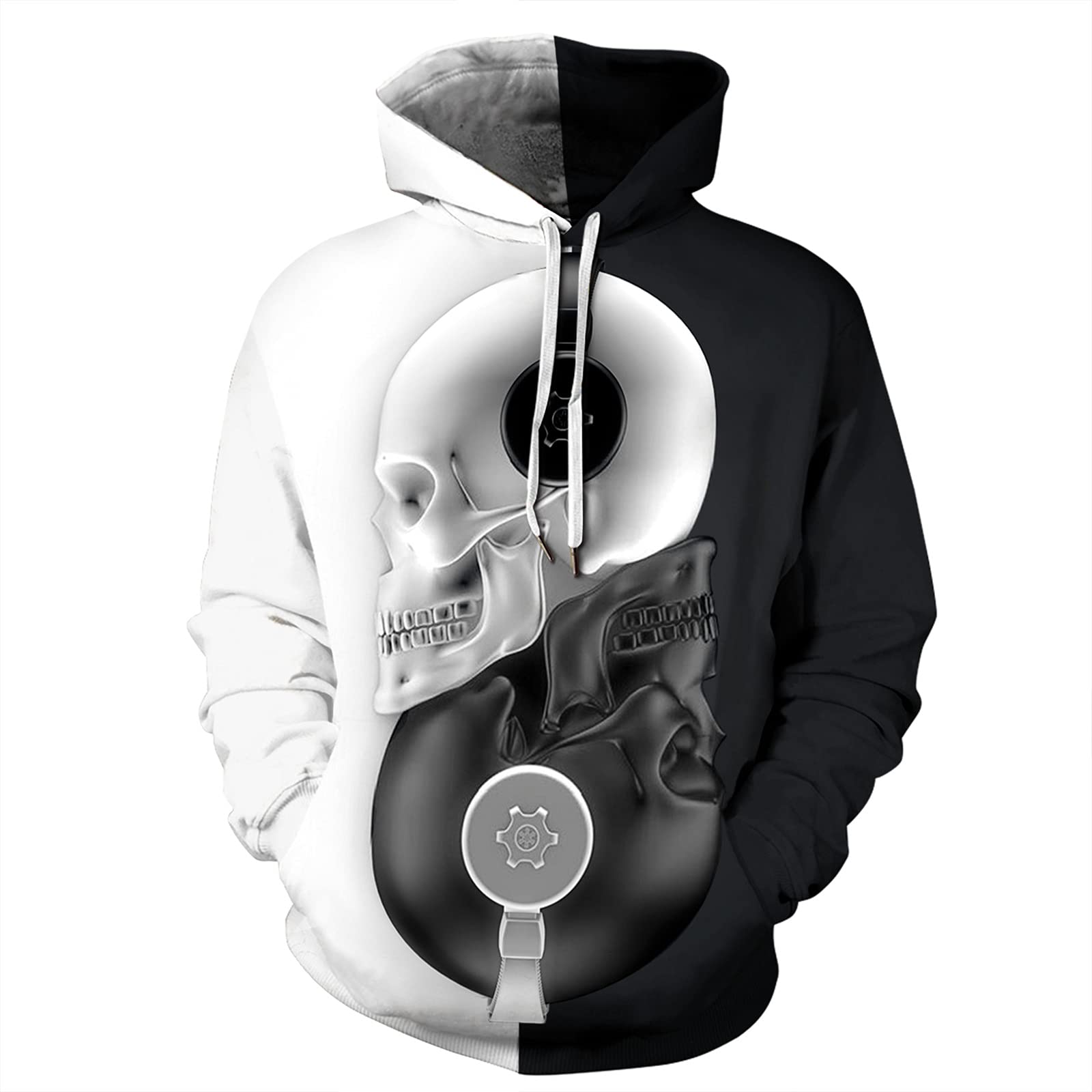 Keepmore Men's # 3 Unisex Long Sleeve Sweatshirts 3D Flame Skull Print Hoodie Wo Fashion Hit Color Pullover Lightweight Drawstring Sportswear