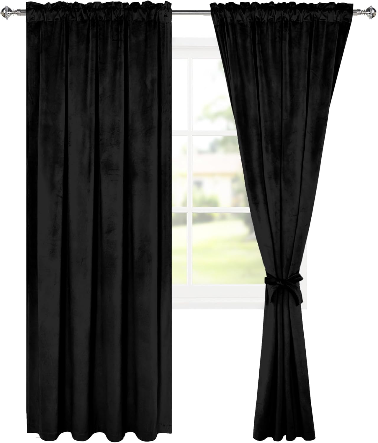 Hiasan Black Velvet Curtains 84 inches-Blackout Thermal Insulated Solid Soft Curtains for Bedroom Living Room Rod Pocket Room Darkening 2 Panels Window Drapes with Tiebacks, 52W x 84L
