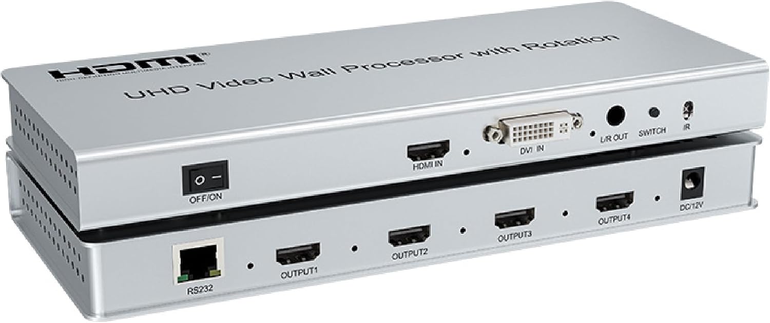 4K UHD Rotatable Video Wall Processor, 4HDMI Output Low Latency, Support HDMI/DVI/90-180-270° Rotation, 2x2/1x3/1x4 Vertical Splicing for Monitoring/Commercial/Office