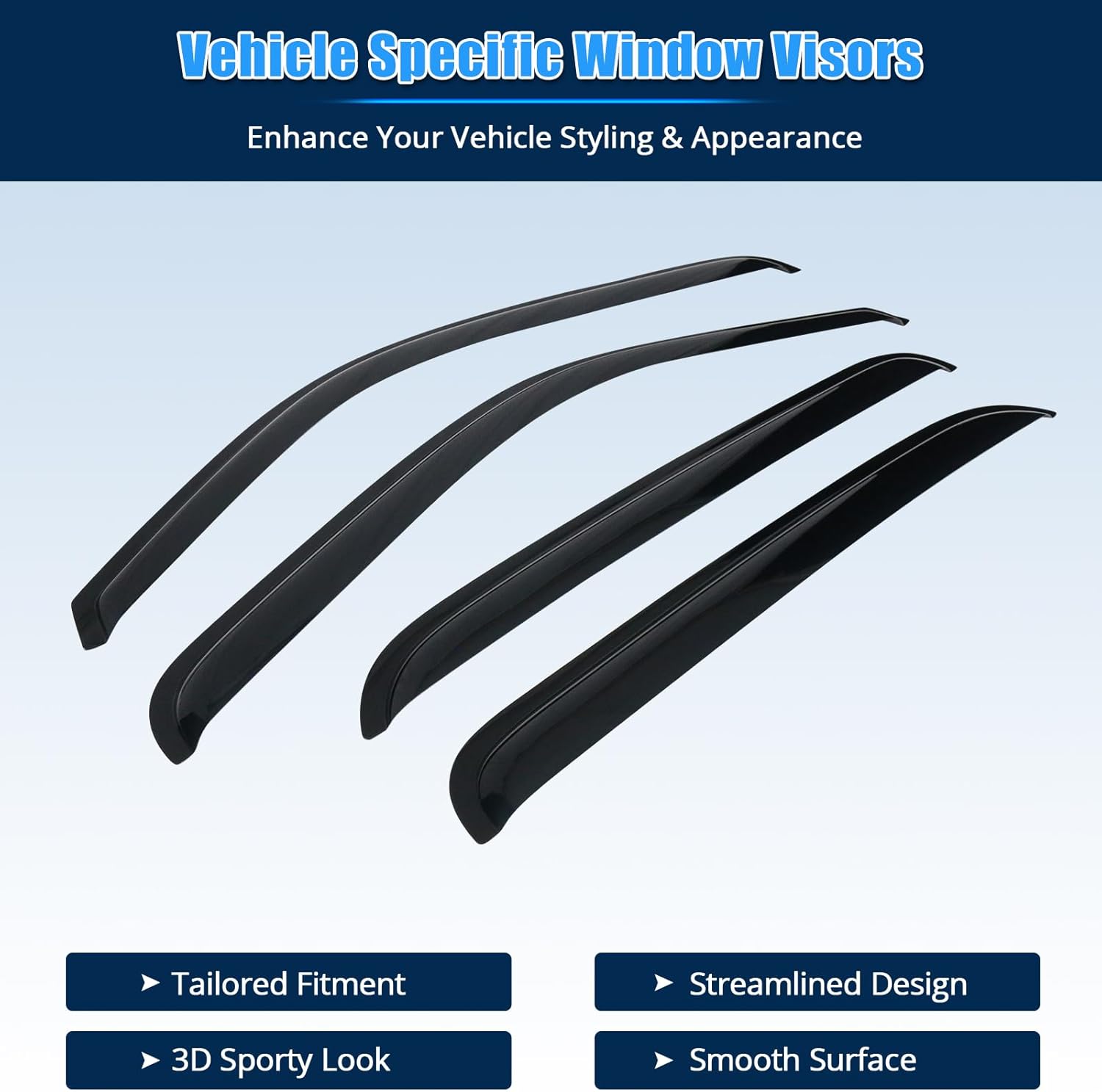 FREEMOTOR802® Tape-on Side Window Visors Wind Deflectors Rain Guards Vent Visors, Compatible with 2001-2006 Chevrolet Silverado & GMC Sierra Crew Cab, Slim Style Smoke Tinted Acrylic 4 Pieces
