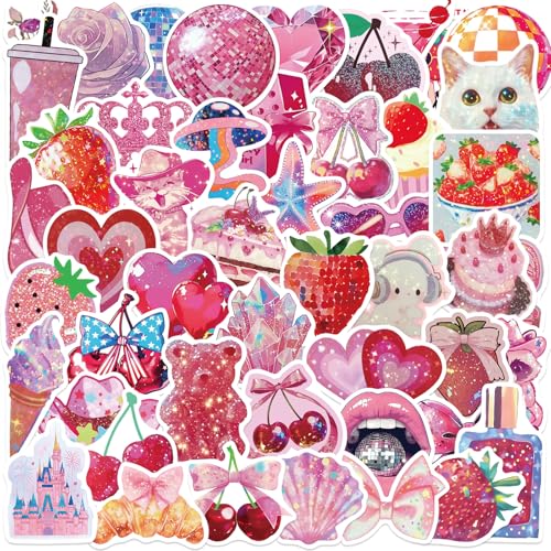 50 PCS Holographic Aesthetic Stickers Pink Cute Stickers for Scrapbooking Journaling Water Bottles Waterproof Vinyl Coquette Art Decals for Bullet Journals Junk Journal Planner DIY Crafts Party Favors
