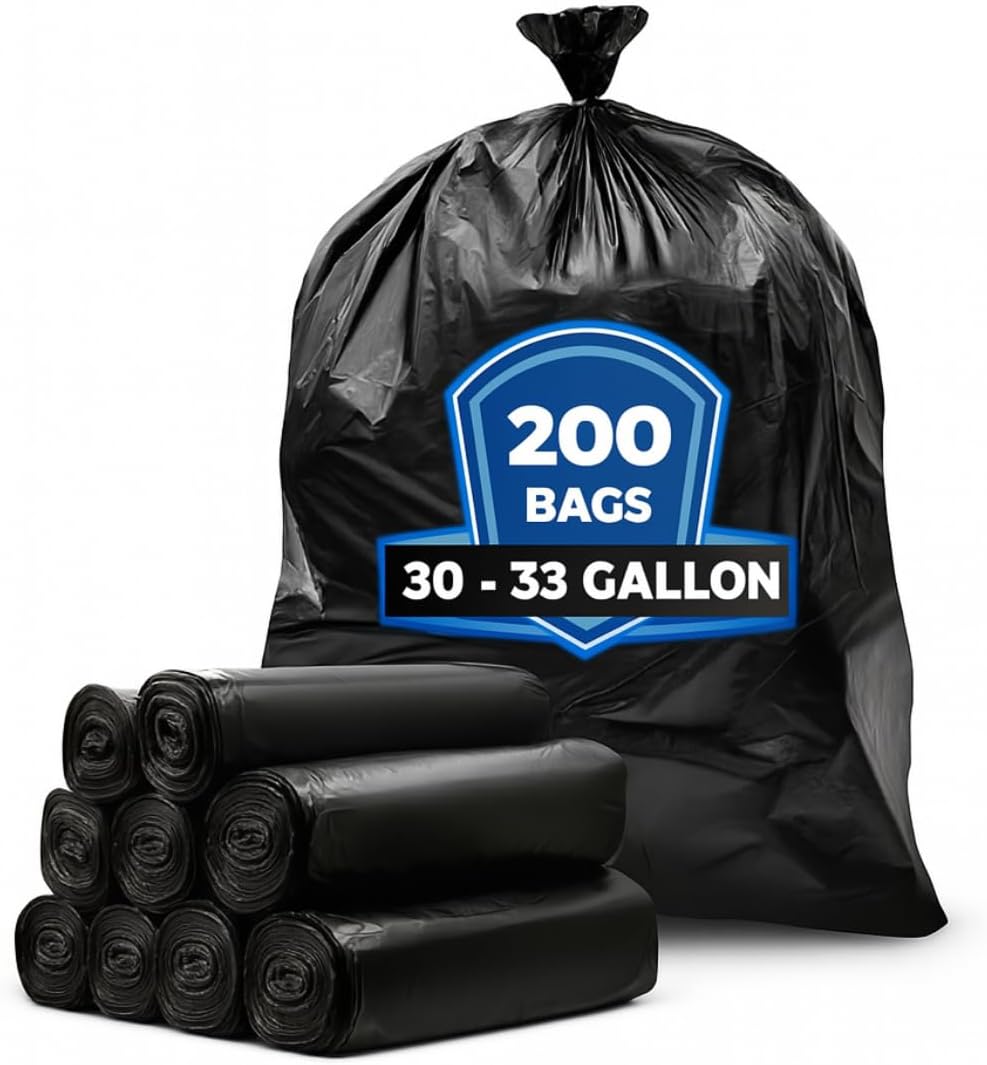 200 Count 30-33 Gallon Trash Bags – 33" x 39", 1 Mil Heavy Duty Black Garbage Bags for Lawn, Yard, Commercial & Outdoor Use – Fits 30, 32, 33 Gallon Cans