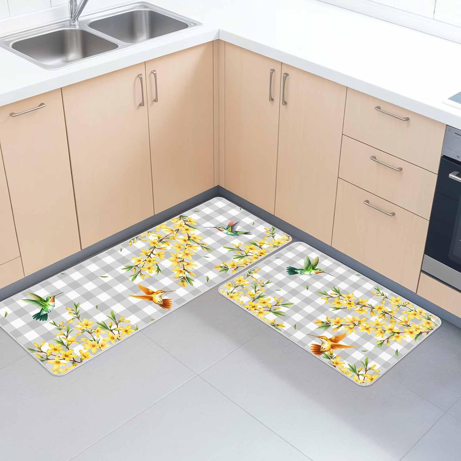 Watercolor Spreaded Flowers Kitchen Rug and Mat,Washable Floor Mats Standing Cushioned Set of 2,Birds Gray White Plaid Slip-Proof Doormat Runner Rugs for Indoor Bathroom Laundry Sink