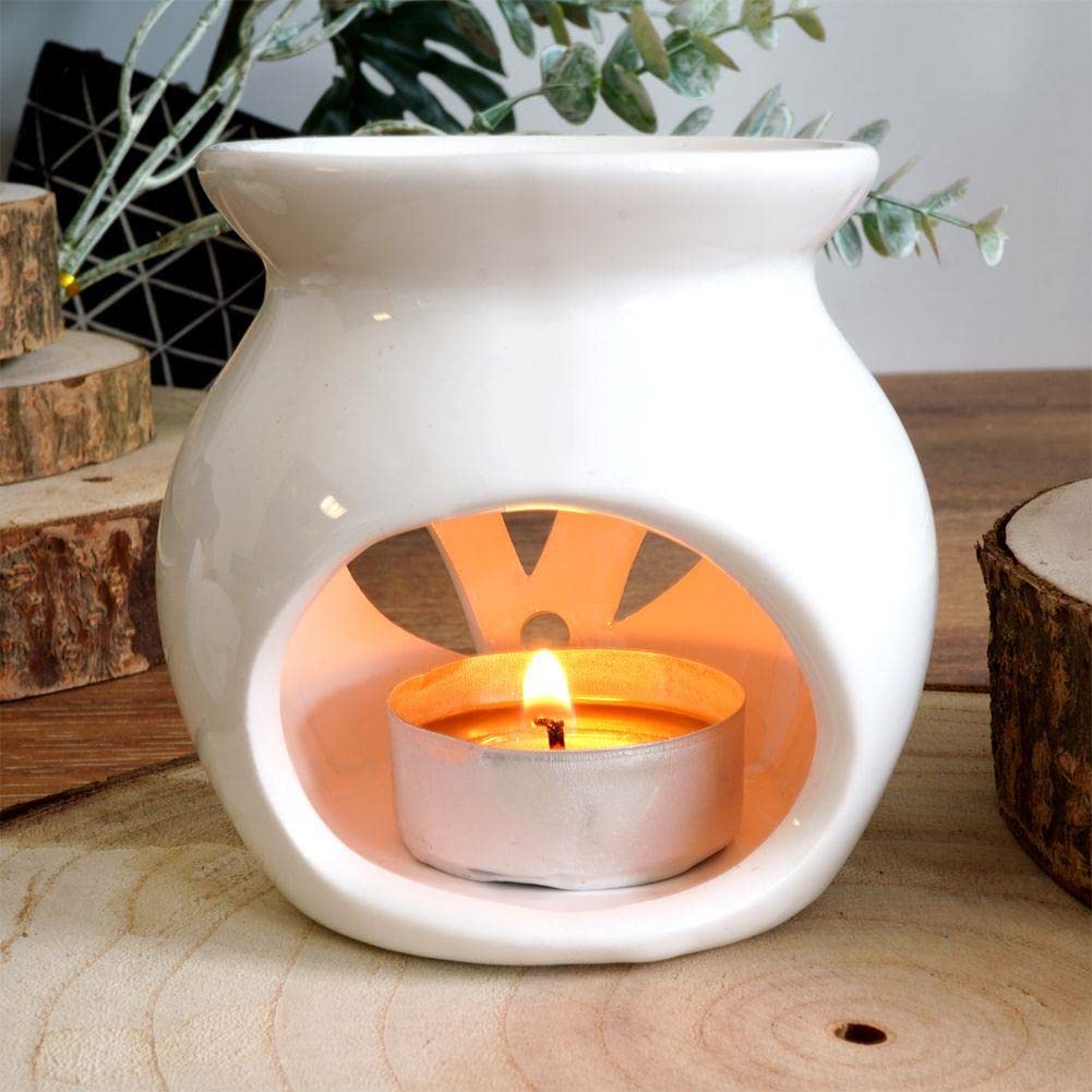 Sharemee Keramik Diffuser & Ölbrenner – Blumenmuster, Für Teelichter, Aromatherapie, Weiß