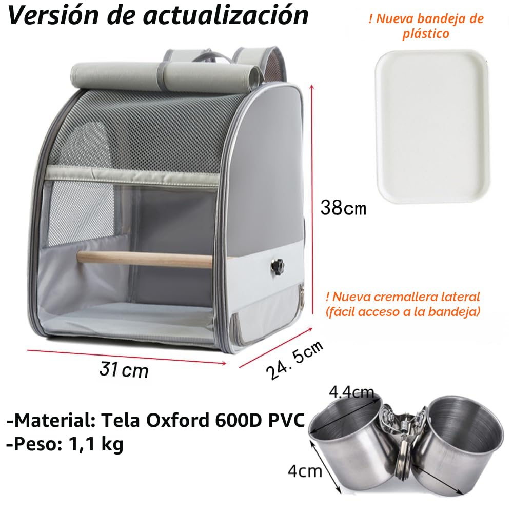 Transportin de Viaje pájaros Plegable Bolsa transportadora,Mochilas para Viajar,con Perchas de pie,con Copas de Clip de Acero Inoxidable,1 Piedra Molares,1 Bandeja de plástico,Loros,cacatúas