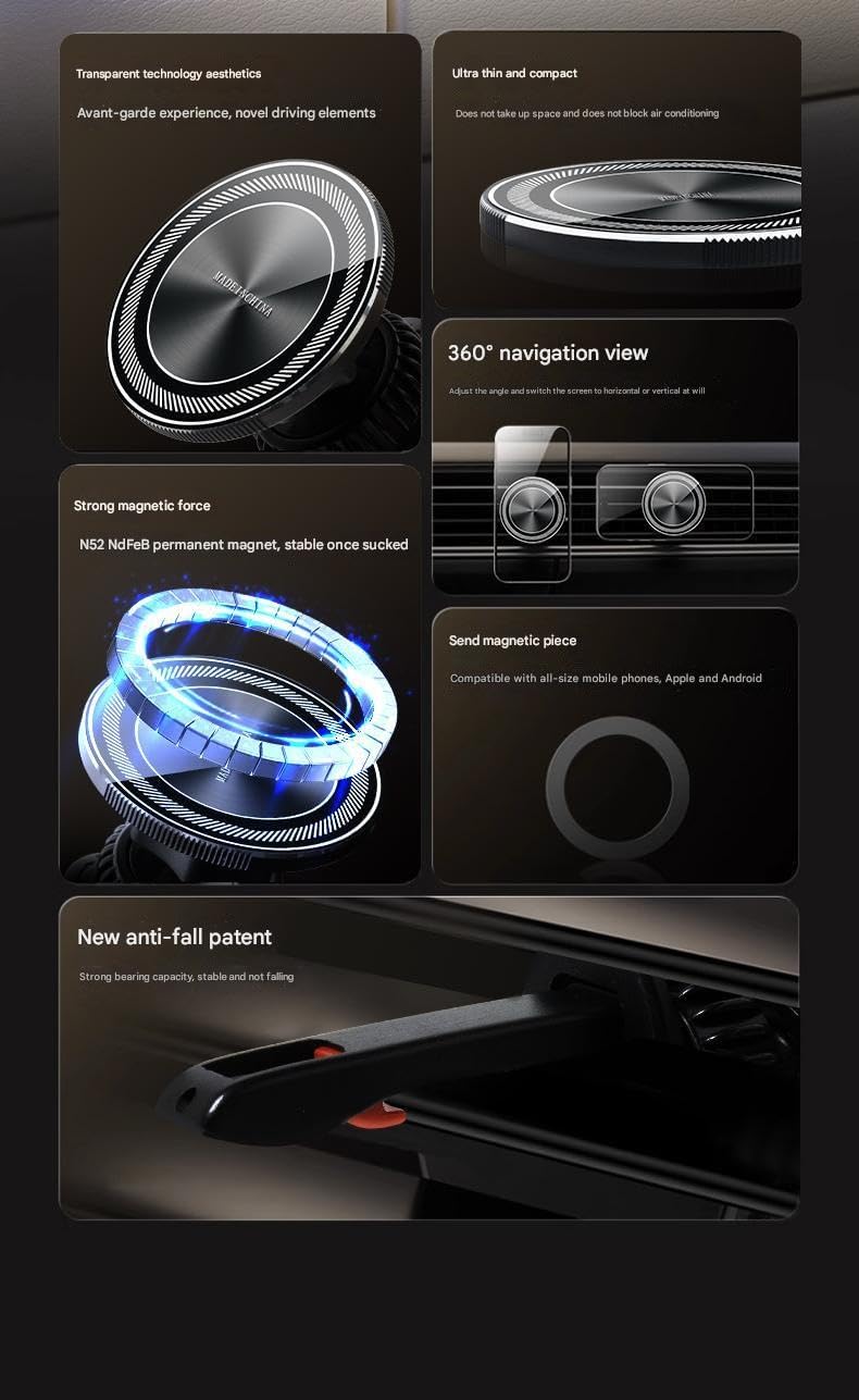 Magnetic Car Phone Mount, Black Aluminum Alloy, Universal Air Vent Holder with 360° Rotation, Crystal Clear Design, Compatible with iPhone Android Smartphones