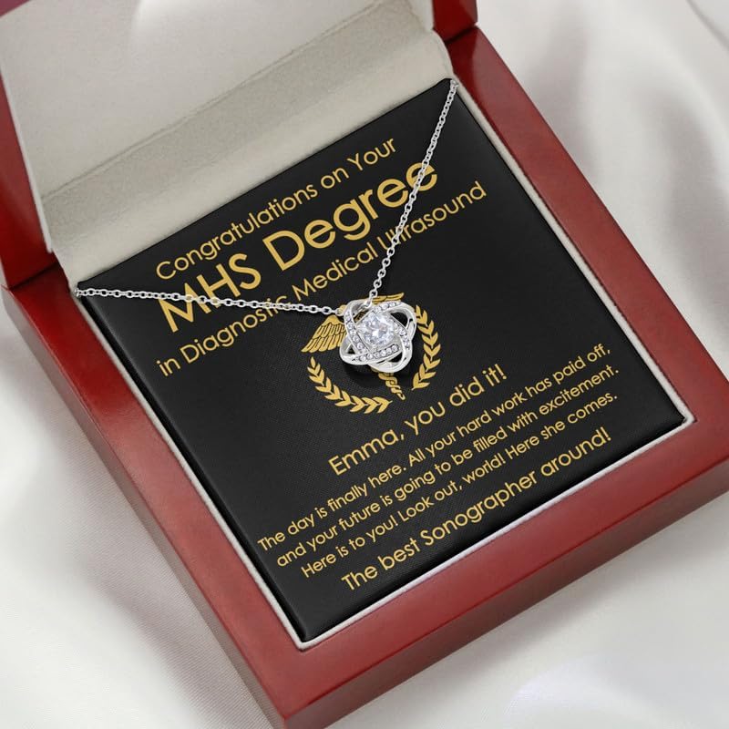 MHS Degree in Diagnostic Ultrasound Necklace Silver Plated Love Knot Mahogany - Congratulations On Your - Appreciation Sonographer Graduation
