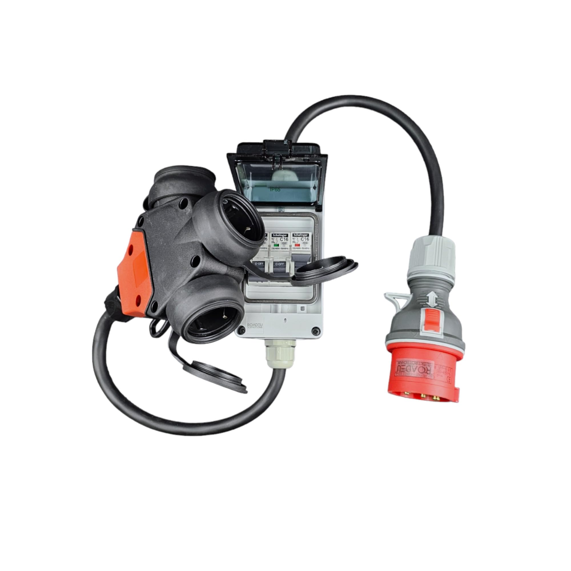 RoadEu - Draagbare CEE stroomadapter - CEE-stekker 16A naar 3x 220V Schuko stopcontacten. Rubber verlengsnoer 5x 2,5mm 3 meter. 380V naar 220V adapter 3m