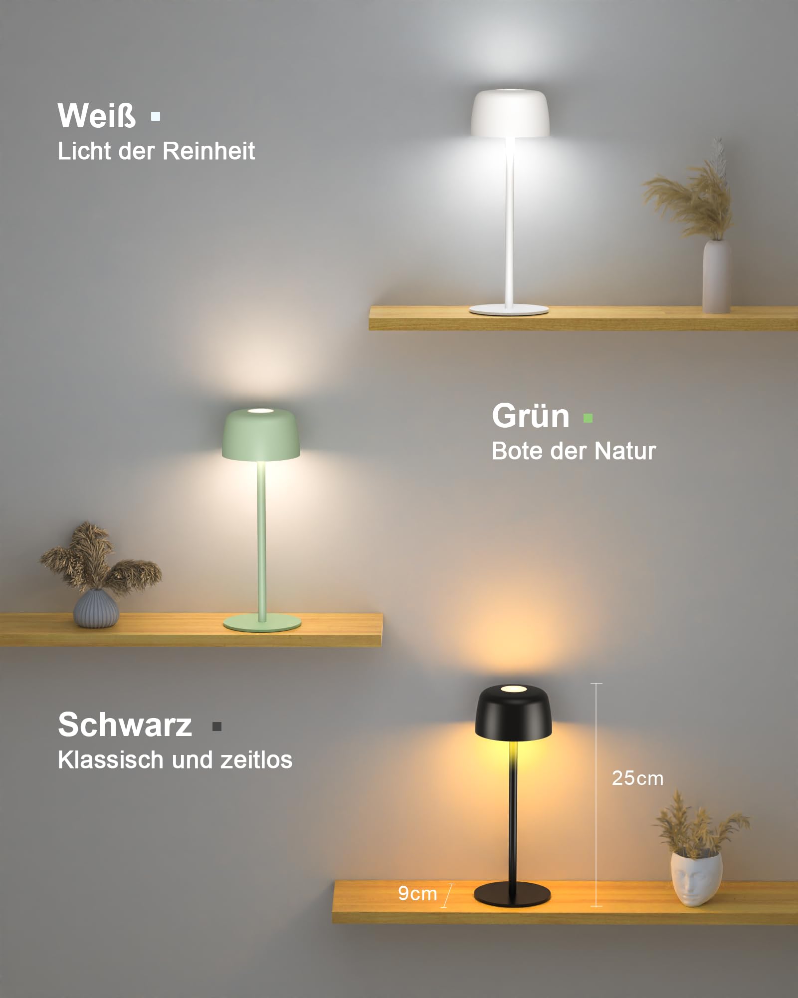 Lampada da Tavolo Senza Fili Metallo, H:25cm Lampada da Comodino Ricaricabile USB-C, 3 Temperature Colore, Lampada da Scrivania IP54 Impermeabile per Ristorante, Camera da Letto, Bar