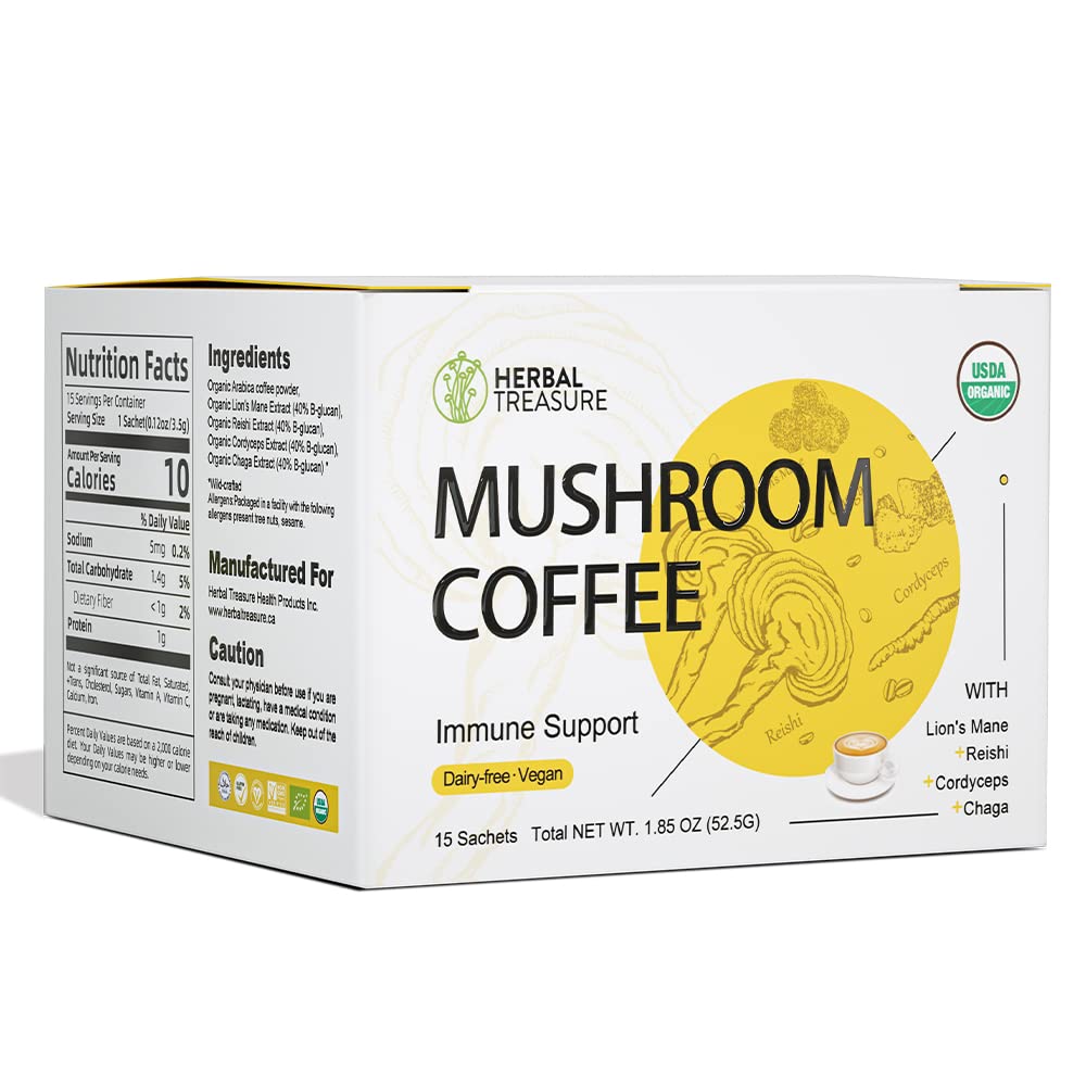 WL Herbal Treasure Mushroom Coffee- Instant Coffee Packets Substitute Packets with Cordyceps, Lions Mane Mushroom, Reishi Mushroom & Chaga Mushroom - Keto Friendly Coffee Bean 3.5g 15Servings