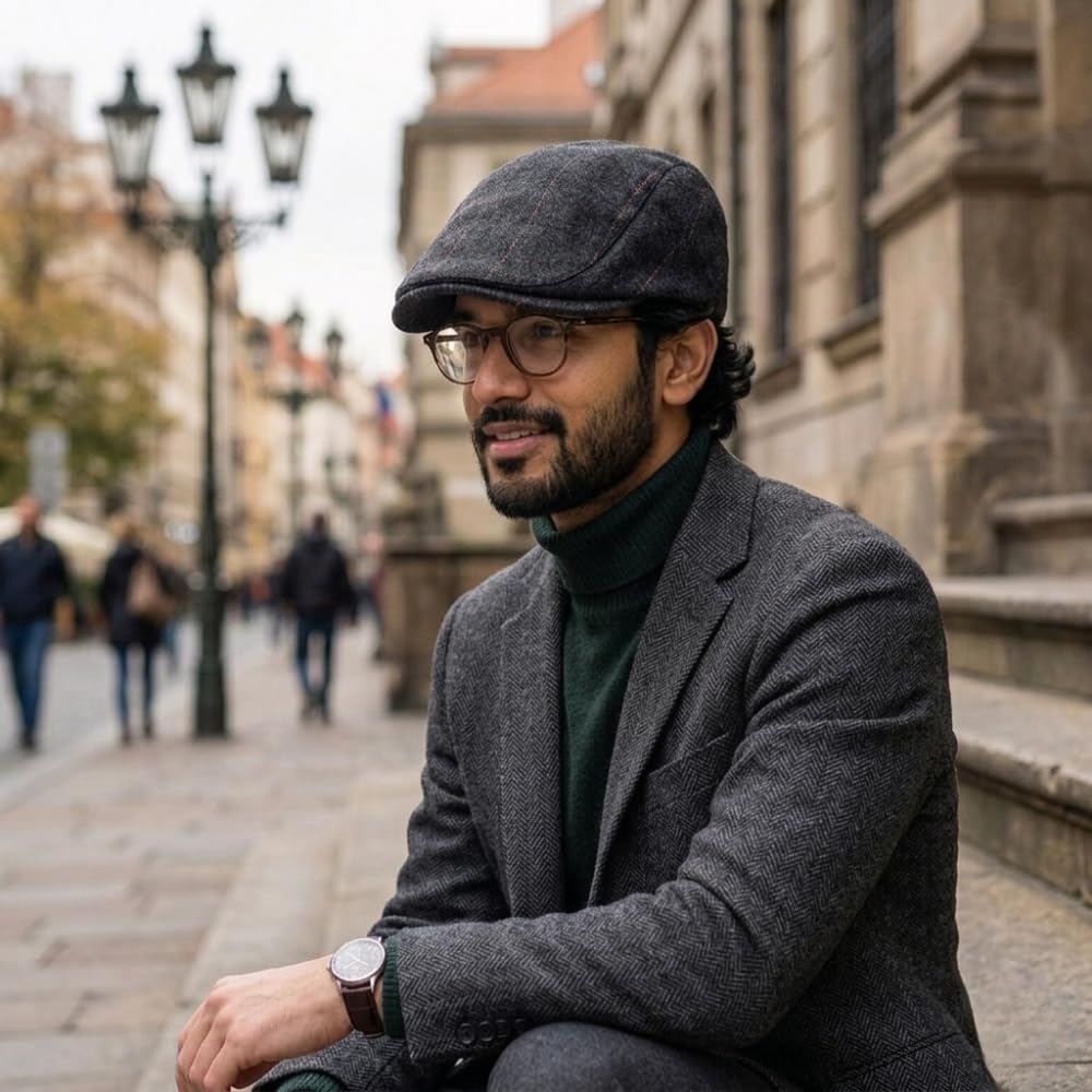 The Tie Hub Dark Grey Flat Cap for Men, Breathable Cotton Comfort, Water Resistant, Vintage Newsboy Style, Free Size