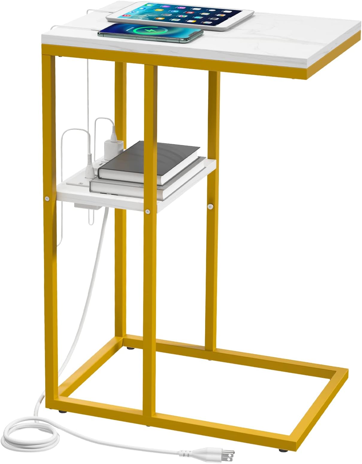 YoobureC Shaped End Table with Charging Station, Small Side Tables for Living Room, Bedroom, Sofa Table with USB Ports and Outlets for Small Spaces, C Couch Table Rustic Snack Table Bed Side Table