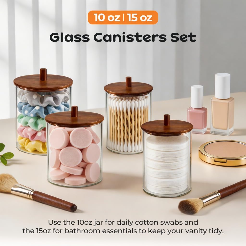 Glass Qtip Holder Dispenser Set - 15oz & 10oz Cotton Swab Holder with Acacia Wooden Lids, Bathroom Canisters Apothecary Jar Vanity Storage Organizer for Cotton Balls, Floss Picks (6 Pack)