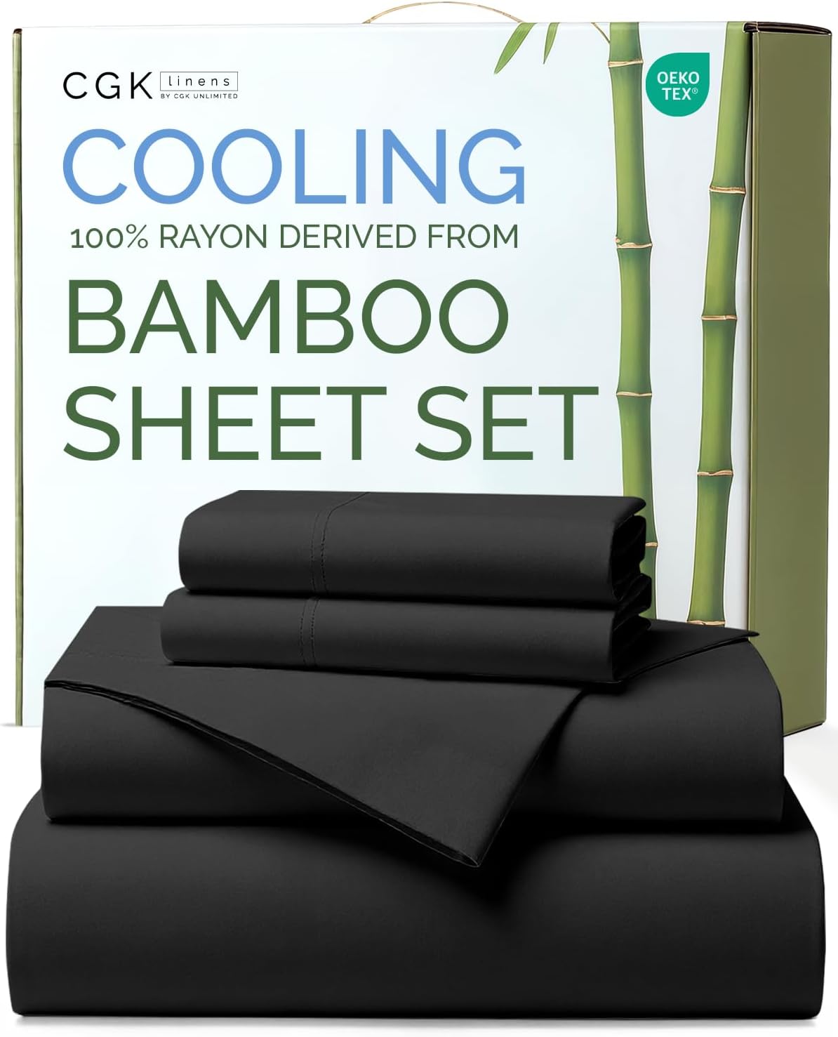 100% Rayon Derived From Bamboo - Bamboo Sheets King Size - Cooling Sheets for King - Ultra Soft, Breathable & Hotel Luxury Bedding - 1 Flat & 1 Fitted & 2 Pillowcases w/ 18 Inch Deep Pockets - Black