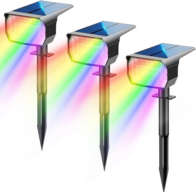 LOTMOS LOTMOS Kleurrijke RGB Solarlampen voor buiten tuin [3 stuks/20 LED/6 vaste kleuren/1 cyclusmodus], IP67 waterdicht tuinverlichting op zonne-energie buiten, LED-zonneschijnwerper buiten, lichtsensor