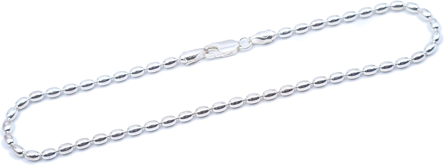 Sterling Silver Charleston Rice Bead Sturdy Anklet 3 x 4mm Beads 300ga with Lobster Clasp (11)