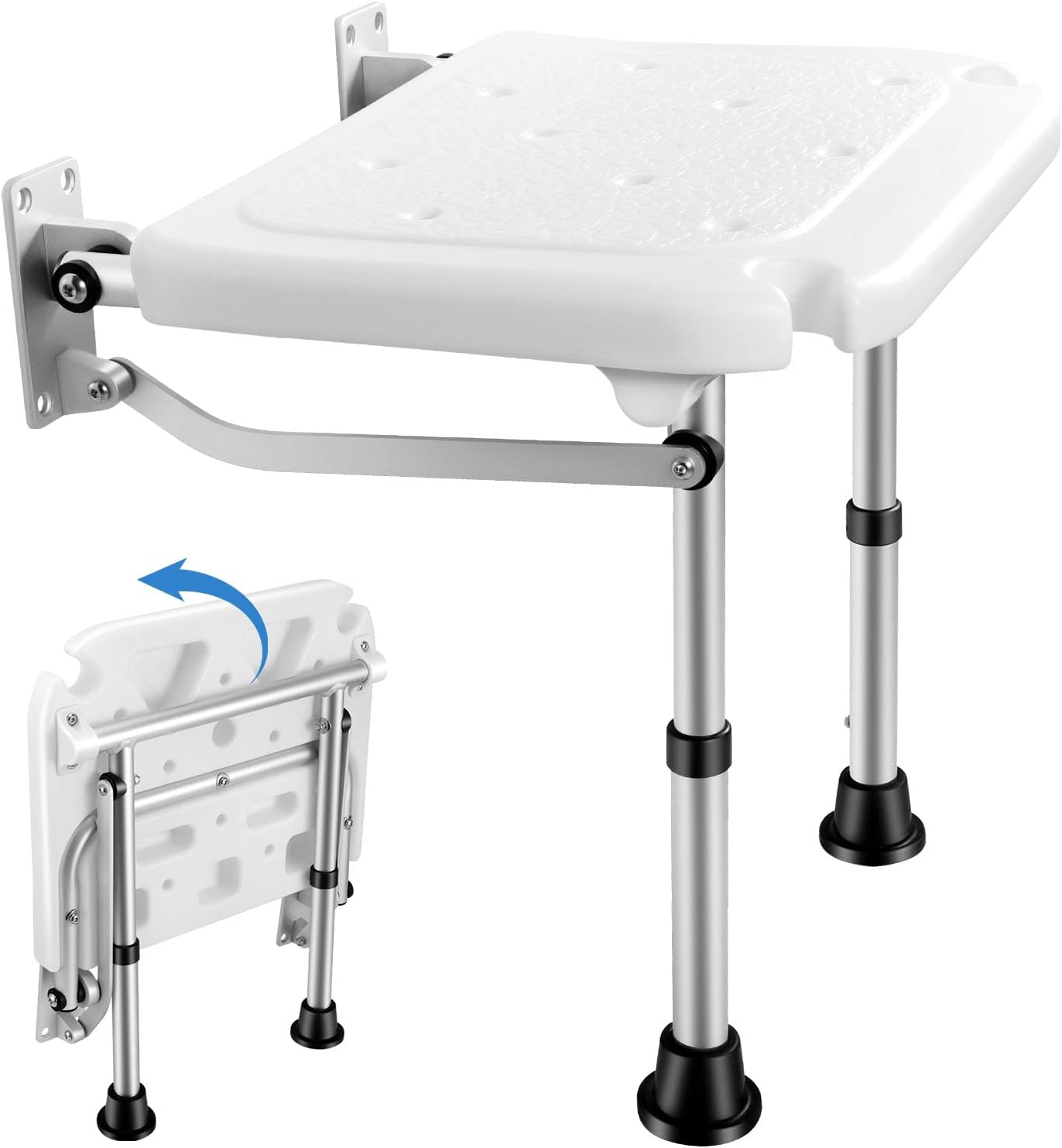 Folding Shower Seat, Wall-Mounted Shower Stool with 5-Position Height Adjustment, Hidden Wall Seat with Non-slip Support Legs, Shower Chair for Elderly, Disabled, Pregnant Woman or Injured