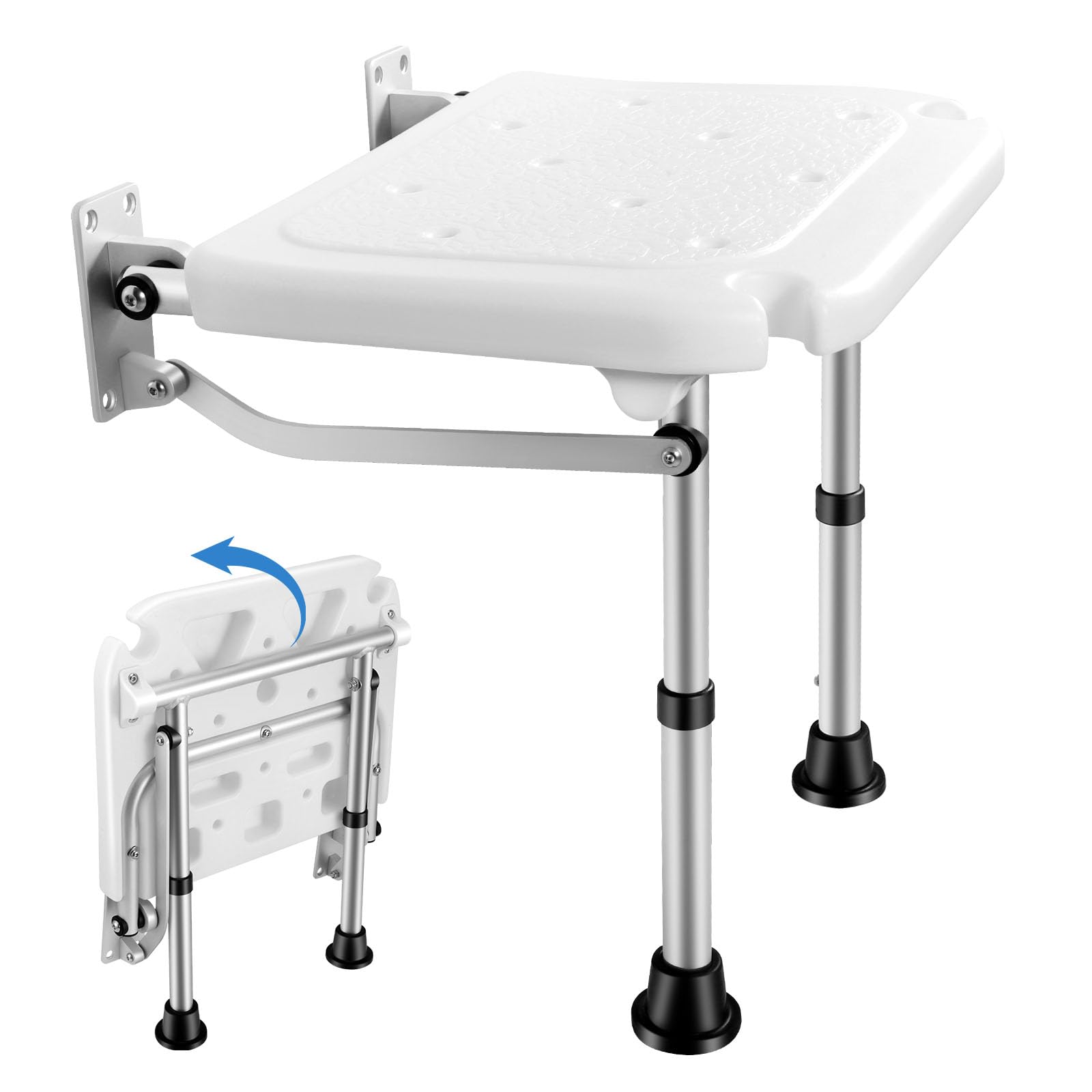 Folding Shower Seat, Wall-Mounted Shower Stool with 5-Position Height Adjustment, Hidden Wall Seat with Non-slip Support Legs, Shower Chair for Elderly, Disabled, Pregnant Woman or Injured