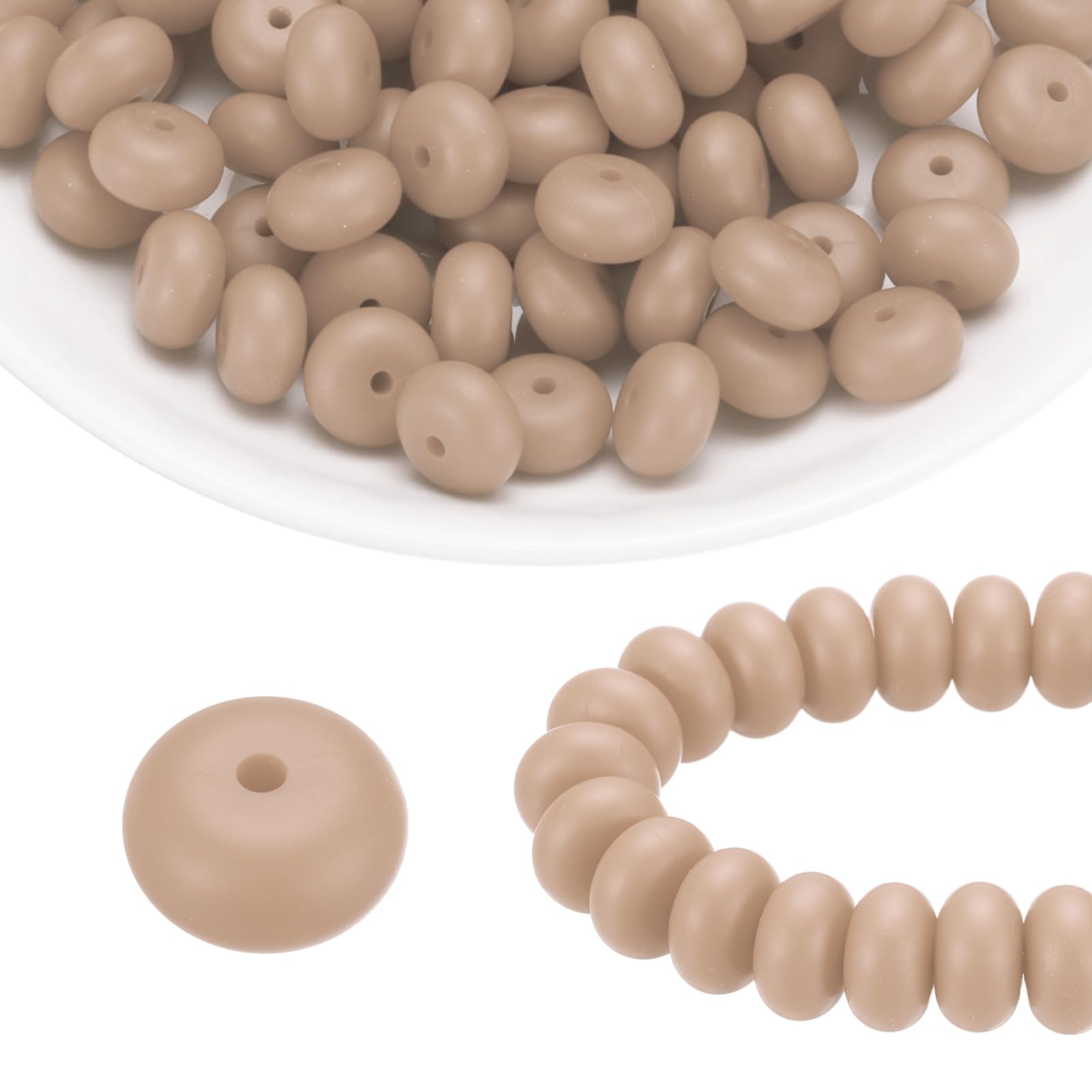 sourcing map 110Pcs Silicone Beads 14mm Lentil Rubber Focal Beads Bulk for Pens Keychain Bracelet Necklace DIY Crafts Making, Soft Beige