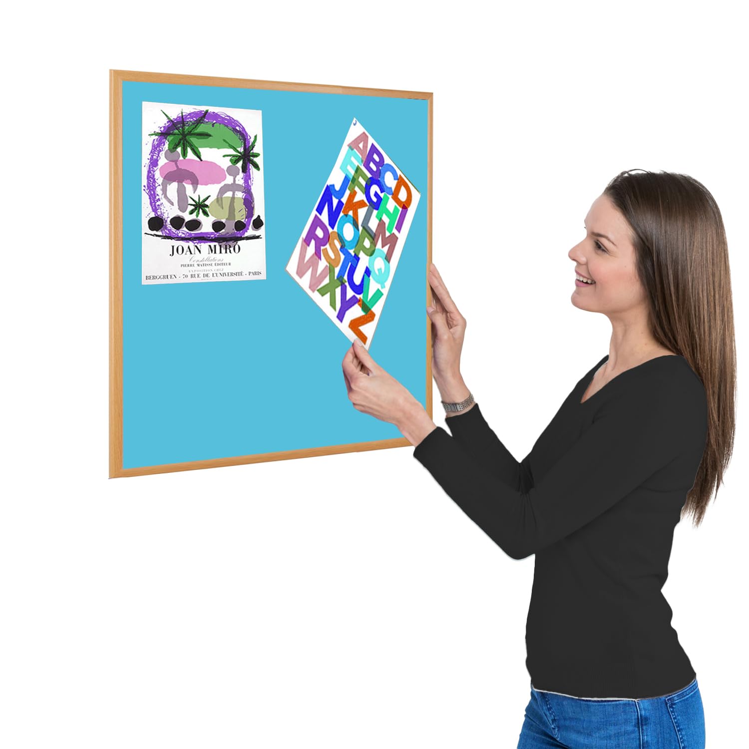 Wonderwall Small Cyan Noticeboard, 600 x 600 mm, Eco-Friendly Pinboard with Light Oak Wood Effect Frame, for Office, School, Home, Reception Areas
