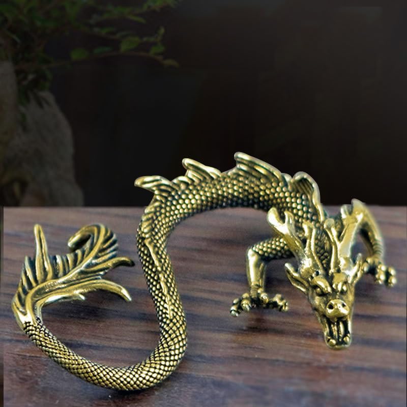 Hormsdar Brass Miniature Dragon Tea Pet Cute Lucky Statue Kung Fu Tea Tray Decor Tea Lover's Gift Home Office Desk Feng Shui Ornament (A)