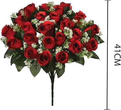 41cm Artificial Silk Red Rose Bush with Gyp & Foliage 24 flower heads- Wedding Grave Home Decoration