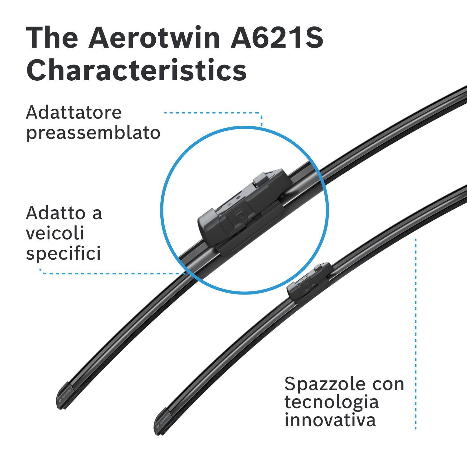 Tergicristalli Bosch Aerotwin A621S, Lunghezza 650mm/500mm, 1 set per parabrezza anteriore