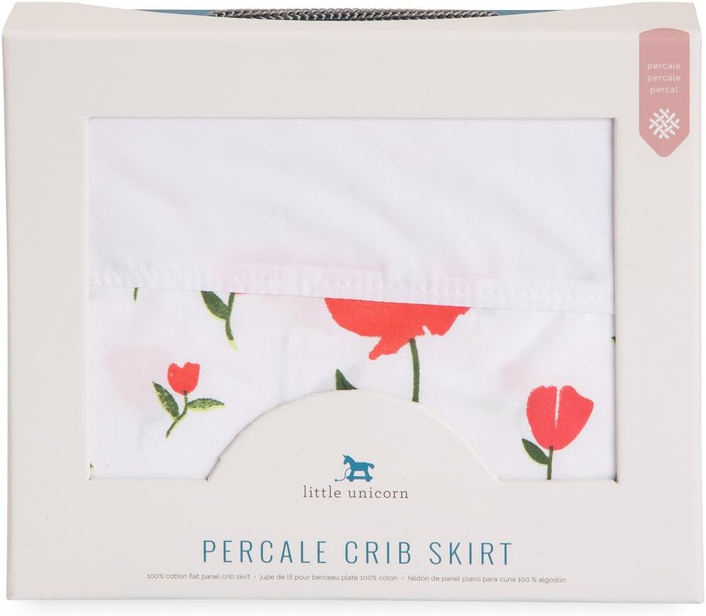 Little Unicorn Percale Crib Skirt – 52” x 28” x 12” – 100% Cotton Percale - Machine Washable – Lightweight – Playful Designs – 4 Sided Double Layered Panel - for Boys & Girls (Summer Poppy)