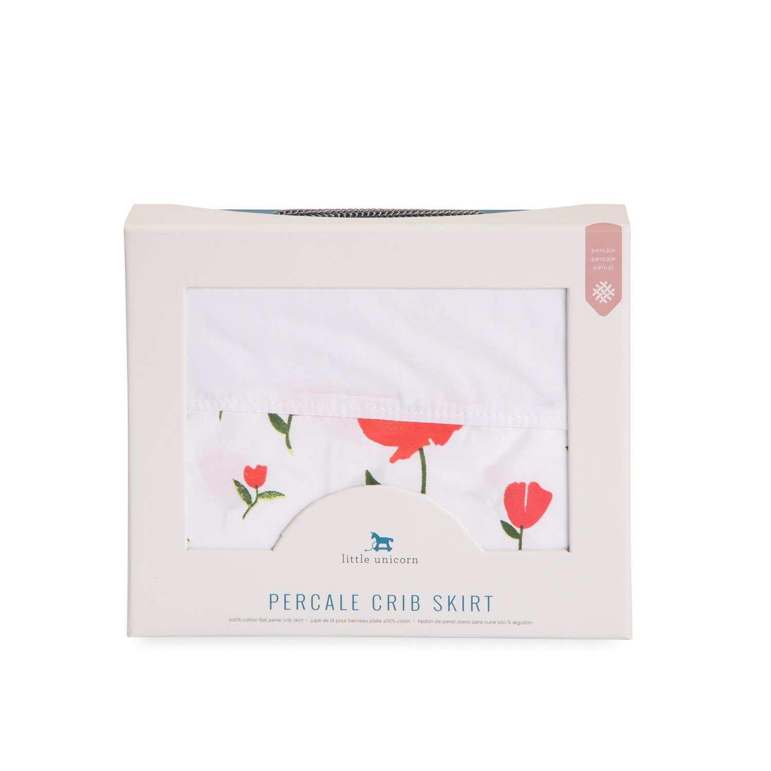 Little Unicorn Percale Crib Skirt – 52” x 28” x 12” – 100% Cotton Percale - Machine Washable – Lightweight – Playful Designs – 4 Sided Double Layered Panel - for Boys & Girls (Summer Poppy)