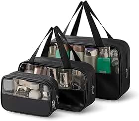 Kit Necessaire 3 em 1 Bolsa de Viagem para Maquiagem e Higiene Pessoal Unissex Washbag Transparente – Grande Capacidade Organizador em PVC Impermeável Ideal para Academia, Mala, Mala de Mão (Preto)