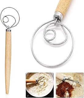Ledeak Fouet à Pâte, 2 Pièces Acier Inoxydable Fouet Danois, Multifonctionnel Mélangeur à Main Mélangeur avec Manche en Bois, pour Pâte à Pain, Pâtes épaisses