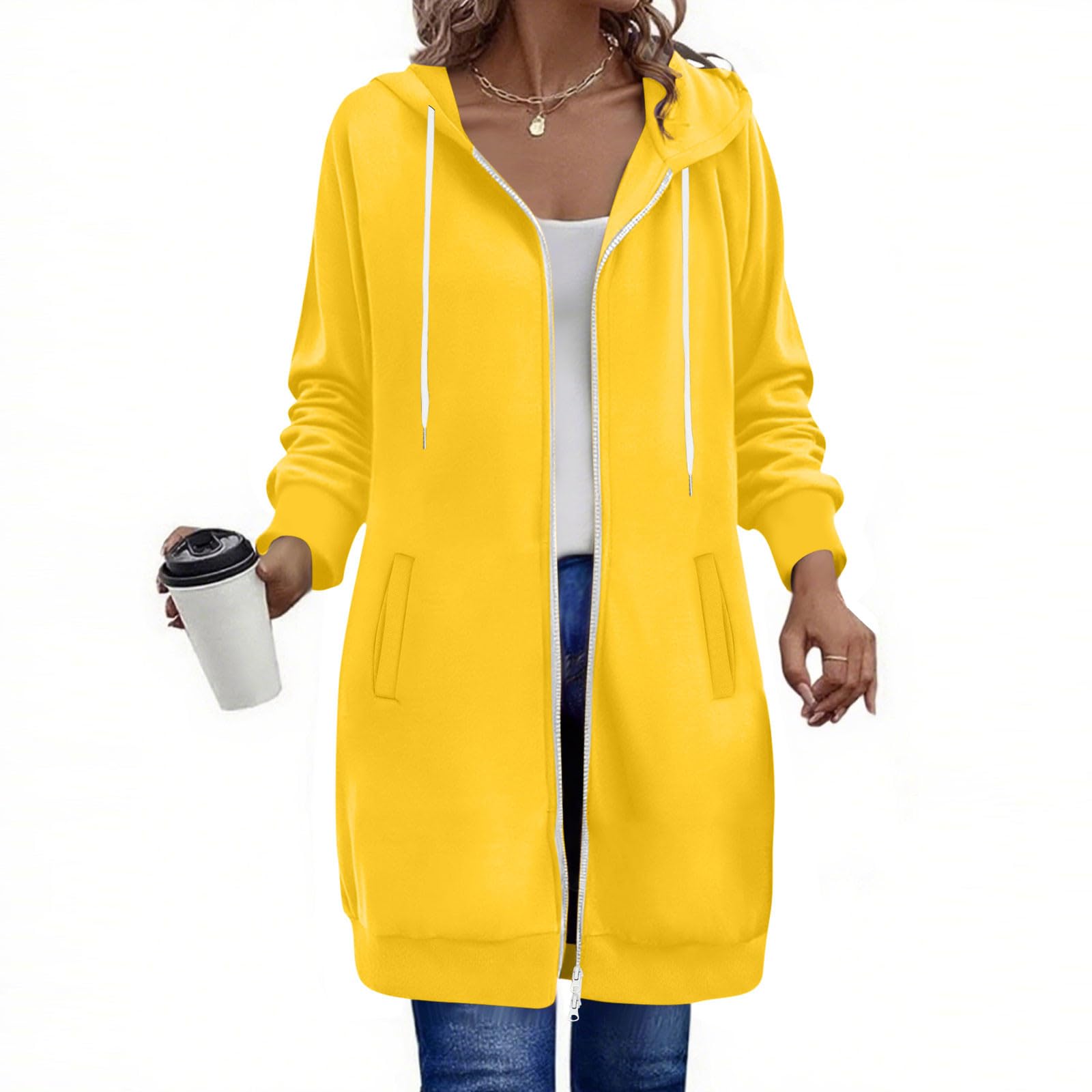 Generisch Hoodie Damen Lang Sweatjacke mit Kapuze Langarm Kapuzenjacke Sweatshirt Zipper Kapuzenpullover Übergangsjacke mit Reißverschluss Pullover Sportjacke Einfarbig Trainingsjacke mit Taschen