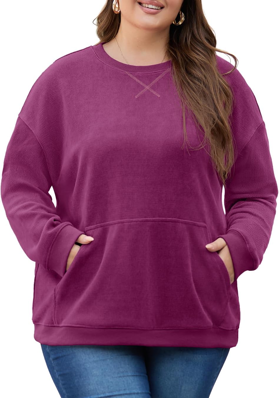 OLRIK Women Plus Size Sweatshirt Oversized Corduroy Crewneck Pullover Sweater with Kangaroo Pocket Fall Fashion