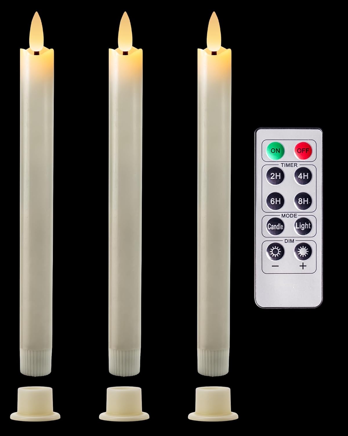 5plots Waxy Flameless Taper Candles with Remote Timer Dimmer — LED Candlesticks Battery Operated — Flickering Window Candles for Indoor Christmas Home Wedding Decor Gifts (Ivory, 9.6 inches, 3 Pieces)