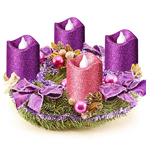 4 Pcs Advent Led Tea Light Candles Advent Led Votive Candles Glitter Purple Pink Flameless Candles With Batteries Led Flameless Advent Candle Set For Christmas Advent Rituals Holiday Church Home Decor #TOP11