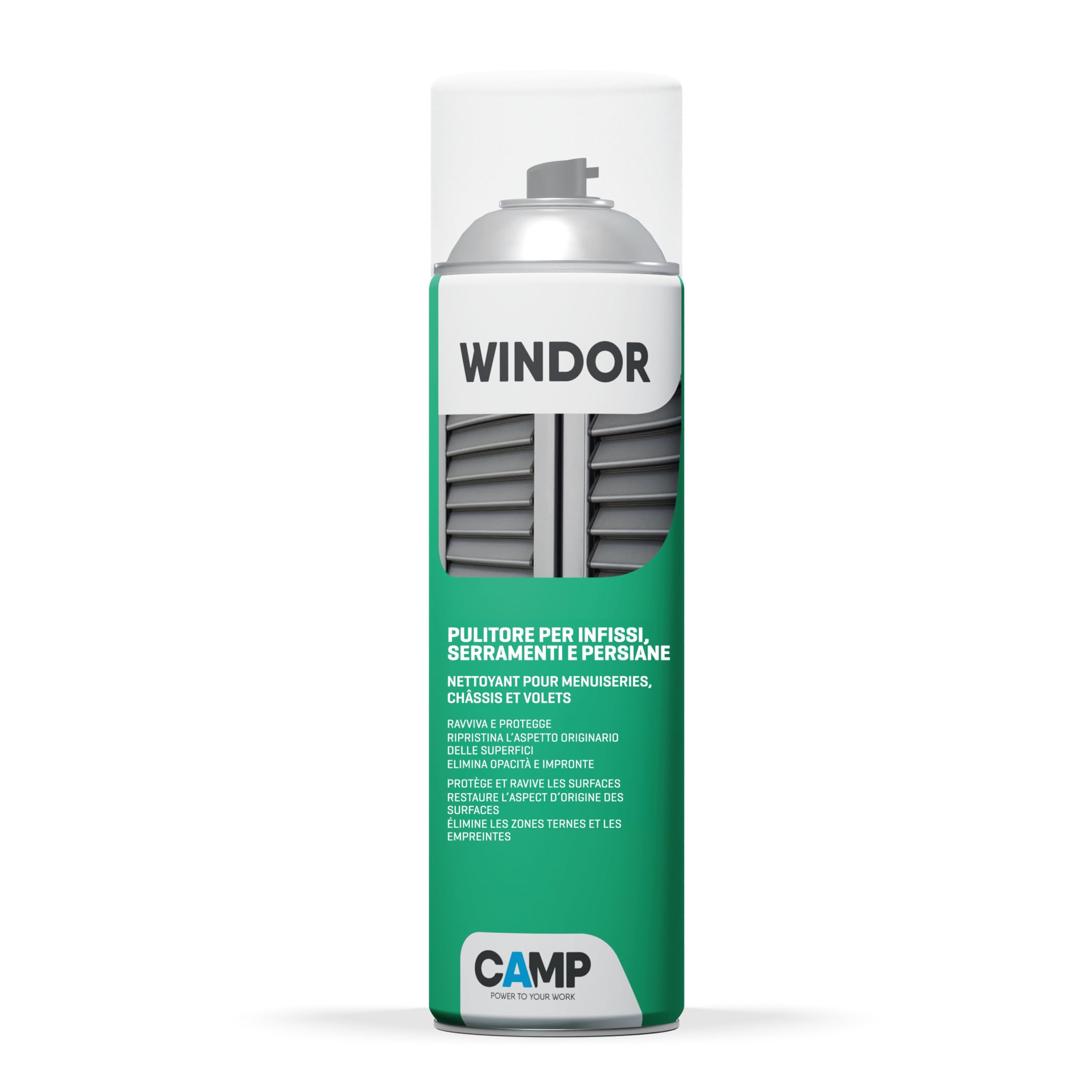 CAMP Windor Spray - Pulitore Ravvivante Protettivo, Pulisci Persiane, Finestre, Infissi e Serramenti in PVC - Ideale per Lucidare e Ravvivare le Superfici - Non Lascia Residui, Made in Italy, 500 ml