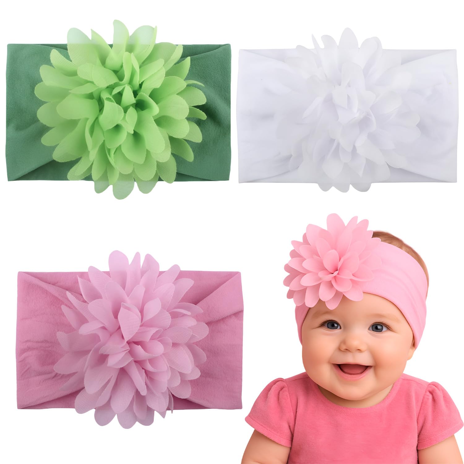 SYGA Pack of 3 Baby Headbands Nylon Flower Soft Stretchable Hairband for Newborn Infant Toddler Kids For 0-3 Year White, Green, Medium Pink-image-37