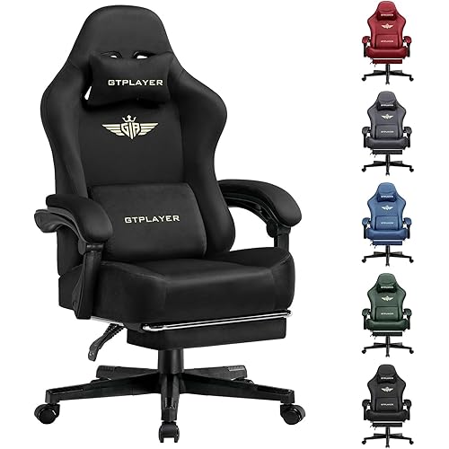 GTPLAYER Gaming Chair Fabric with Pocket Spring Cushion, Big and Tall Gamings Chairs 350LBS High Back Computer Chair with Footrest for Adults Lumbar Support Swivel Game Chair for Office Light Black