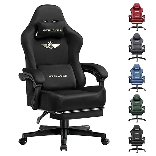 GTPLAYER Gaming Chair Fabric with Pocket Spring Cushion, Big and Tall Gamings Chairs 350LBS High Back Computer Chair with Footrest for Adults Lumbar Support Swivel Game Chair for Office Light Black - Light Black
