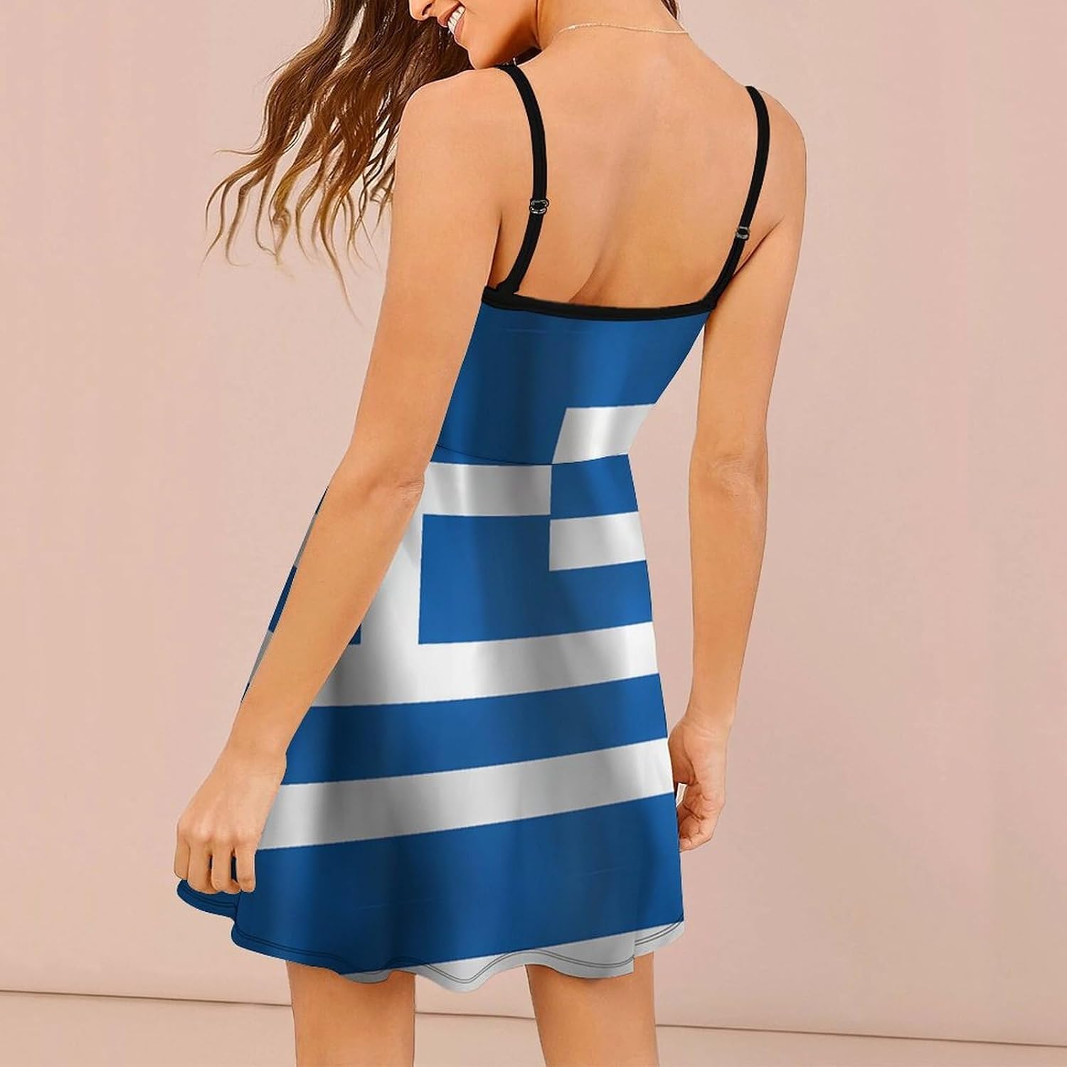 Flag of Greece Short Cami Dress for Women Adjustable Spaghetti Strap Flowy Sundress Beach Vacation