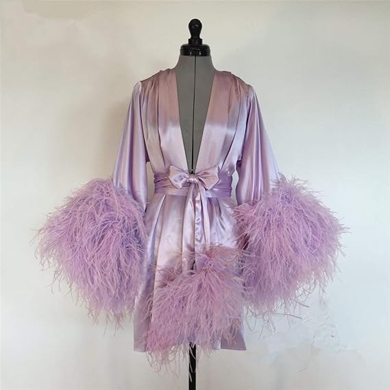 bathgown Women's Feather Fur Bridal Sheer Robe Sexy Illusion Lingerie Nightgown Bathrobe Sleepwear